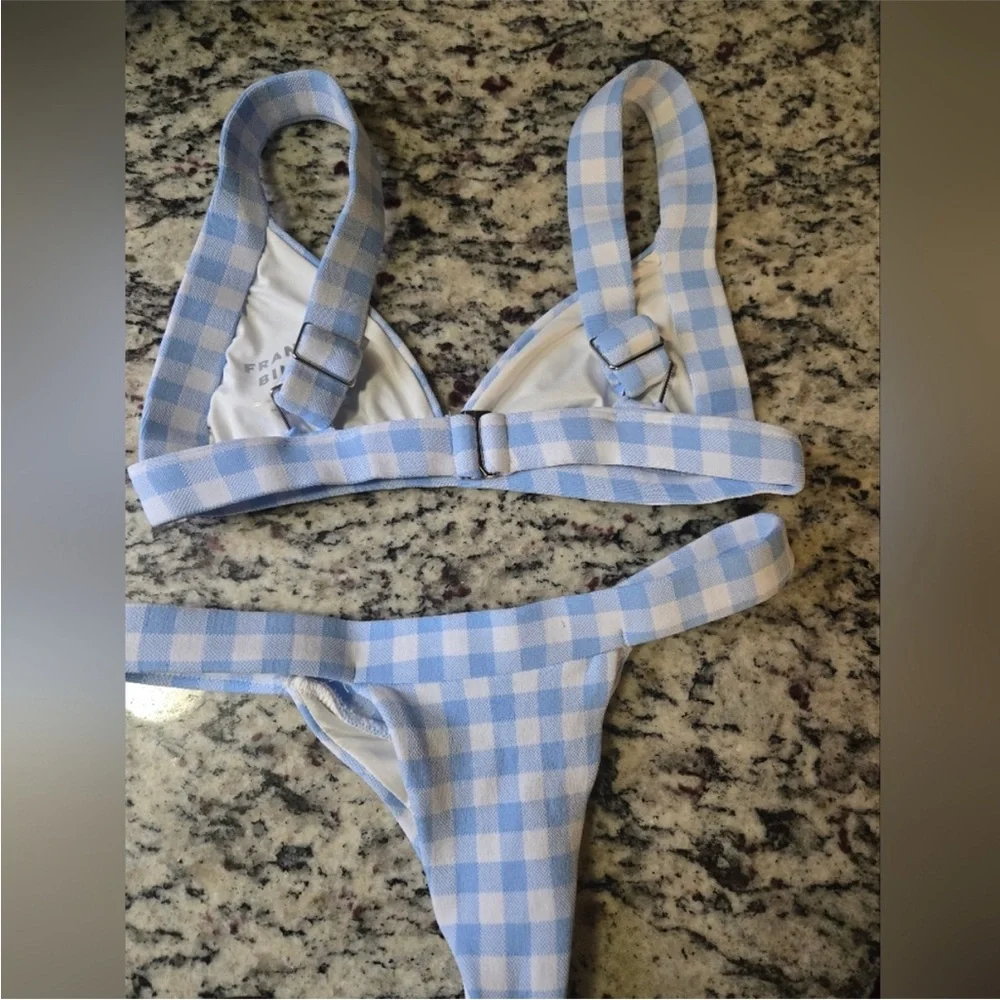 Frankie's Bikinis Sky Blue and White Checkered Set. Top-Medium Bottoms-xs